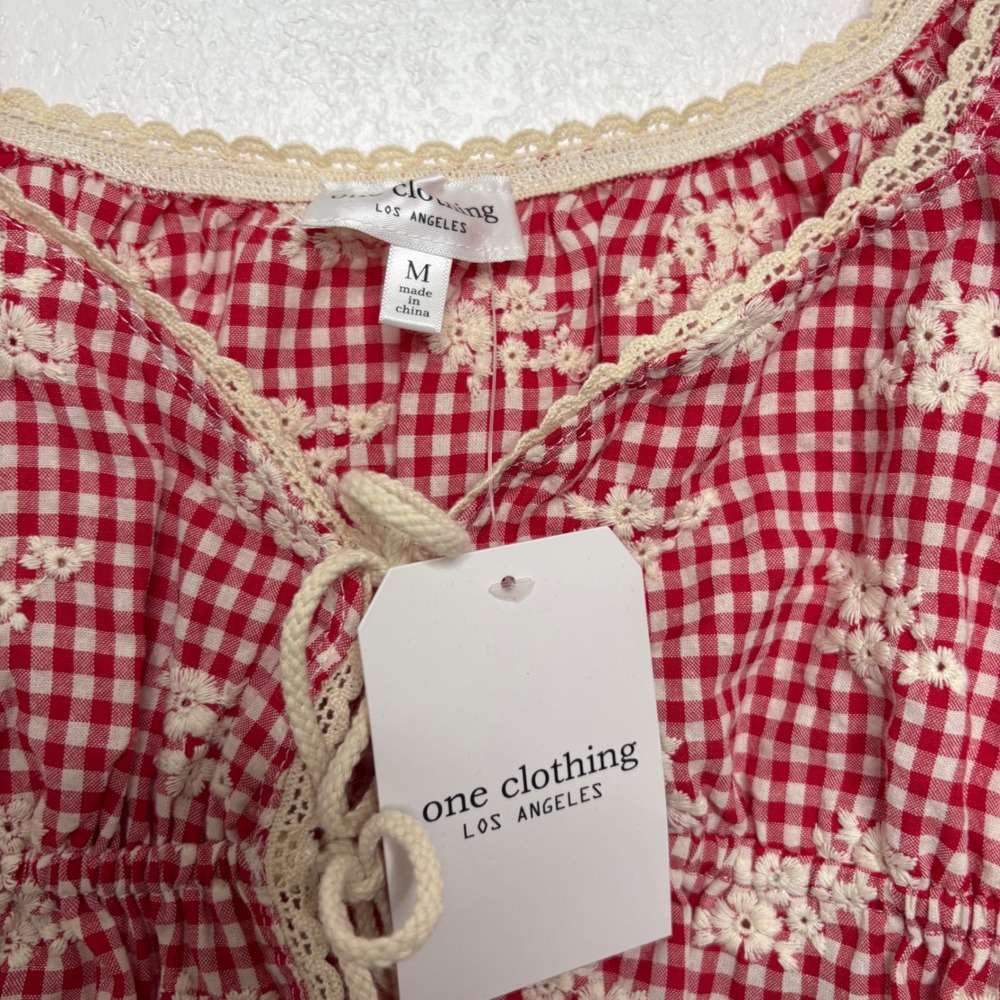 one clothing | Red Gingham Lace-Up Peasant Top - Picture 3 of 5